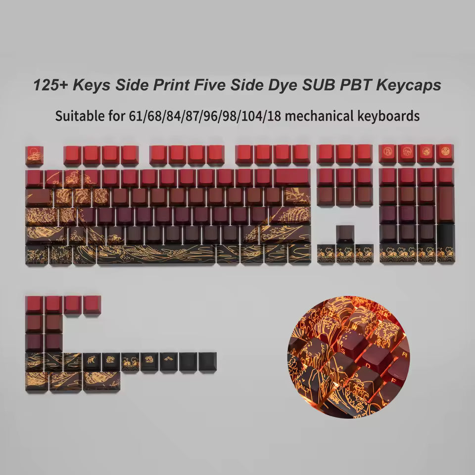 125 Keys Kanagawa Themed Top/Side Printed RGB Backlit Keycaps Dye Sub PBT Keycaps Cherry Profile for Cherry MX Swtches Keyboard