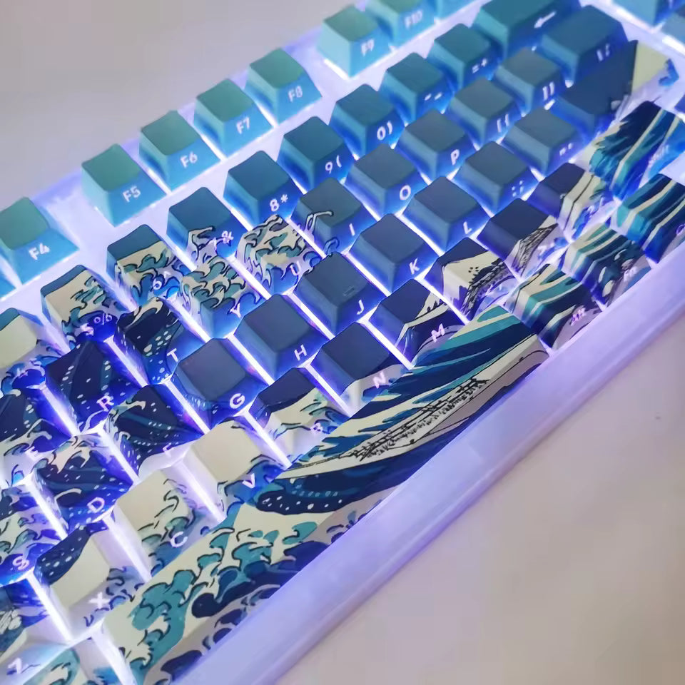 125 Keys Kanagawa Themed Top/Side Printed RGB Backlit Keycaps Dye Sub PBT Keycaps Cherry Profile for Cherry MX Swtches Keyboard