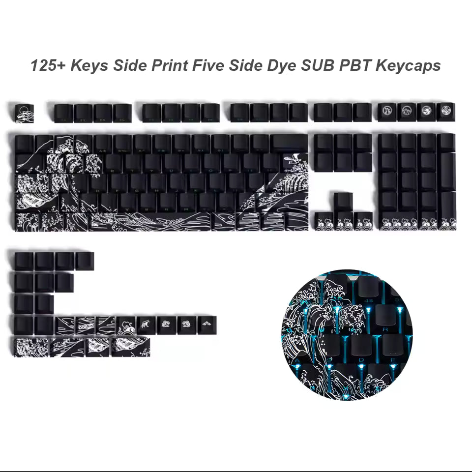 125 Keys Kanagawa Themed Top/Side Printed RGB Backlit Keycaps Dye Sub PBT Keycaps Cherry Profile for Cherry MX Swtches Keyboard
