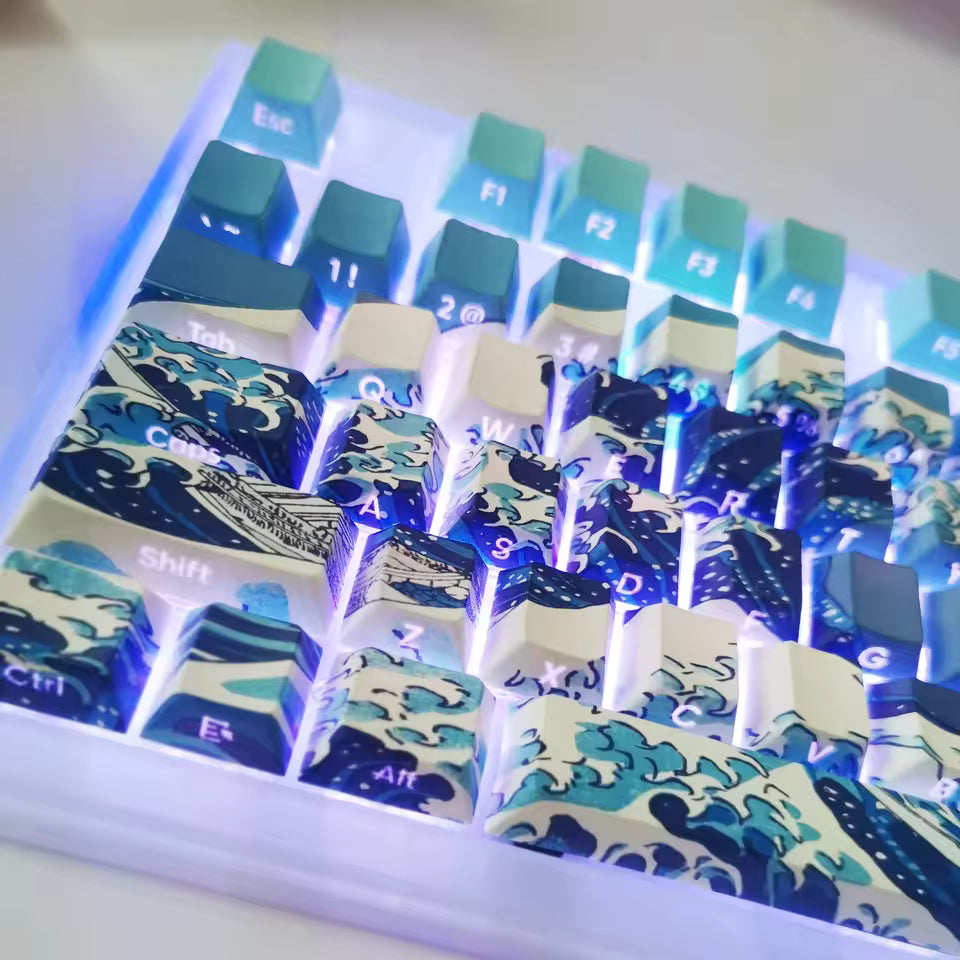 125 Keys Kanagawa Themed Top/Side Printed RGB Backlit Keycaps Dye Sub PBT Keycaps Cherry Profile for Cherry MX Swtches Keyboard