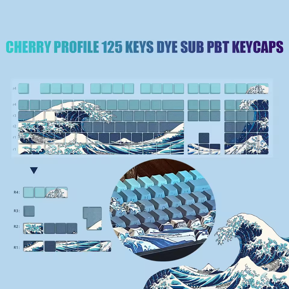 125 Keys Kanagawa Themed Top/Side Printed RGB Backlit Keycaps Dye Sub PBT Keycaps Cherry Profile for Cherry MX Swtches Keyboard
